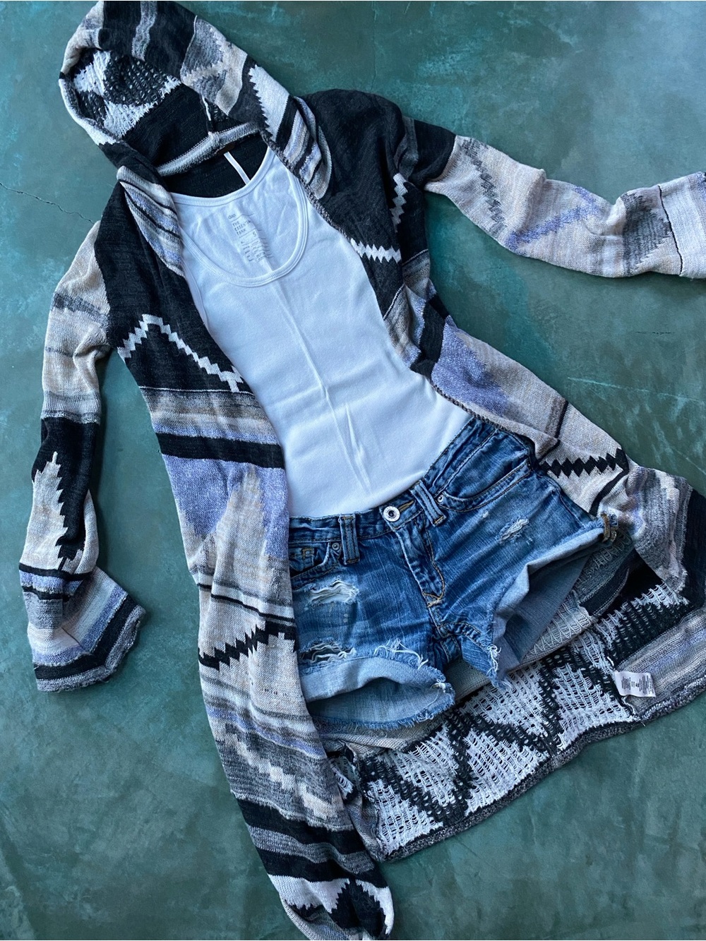 Free People Long Black and Cream Knit Cardigan with Hoodie - Picture 12 of 12